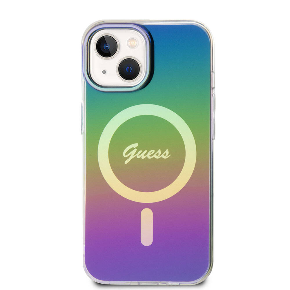 iPhone 15 Plus Kılıf Guess Orjinal Lisanslı M-safe Şarj Özellikli Yazı Logolu Iridescent Kapak