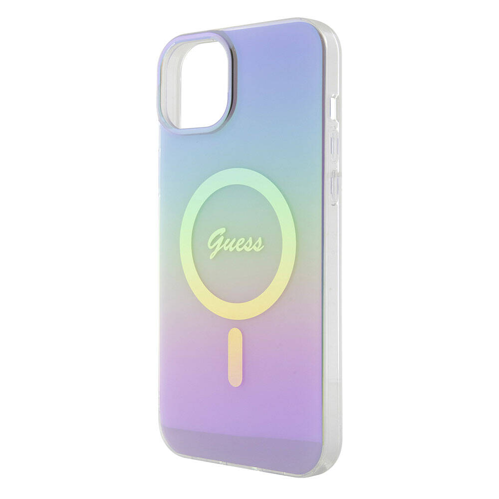 iPhone 15 Plus Kılıf Guess Orjinal Lisanslı M-safe Şarj Özellikli Yazı Logolu Iridescent Kapak
