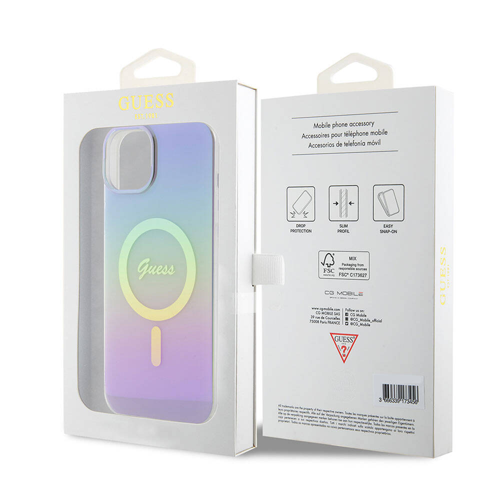 iPhone 15 Plus Kılıf Guess Orjinal Lisanslı M-safe Şarj Özellikli Yazı Logolu Iridescent Kapak