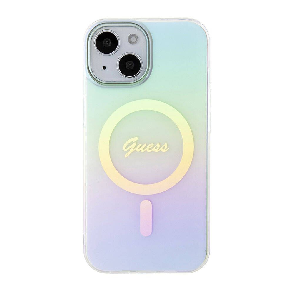 iPhone 15 Plus Kılıf Guess Orjinal Lisanslı M-safe Şarj Özellikli Yazı Logolu Iridescent Kapak