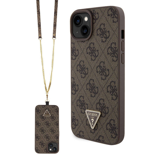 iPhone 15 Plus Kılıf Guess Orjinal Lisanslı PU Deri Askılı Taşlı Üçgen Logo 4G Desenli Strass Crossbody Kapak