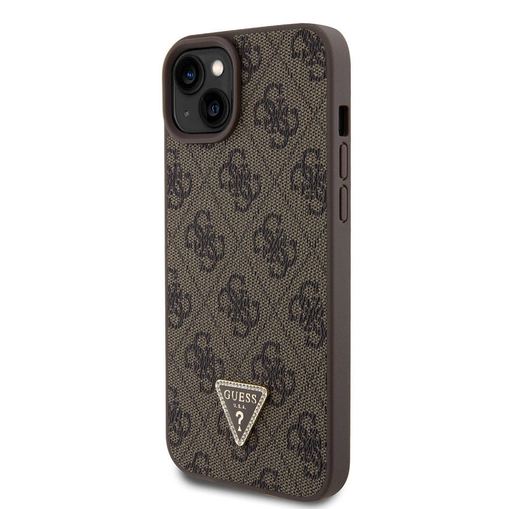 iPhone 15 Plus Kılıf Guess Orjinal Lisanslı PU Deri Askılı Taşlı Üçgen Logo 4G Desenli Strass Crossbody Kapak