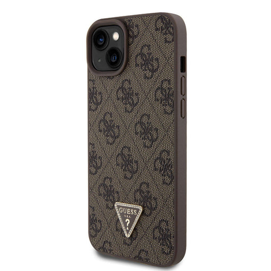 iPhone 15 Plus Kılıf Guess Orjinal Lisanslı PU Deri Askılı Taşlı Üçgen Logo 4G Desenli Strass Crossbody Kapak