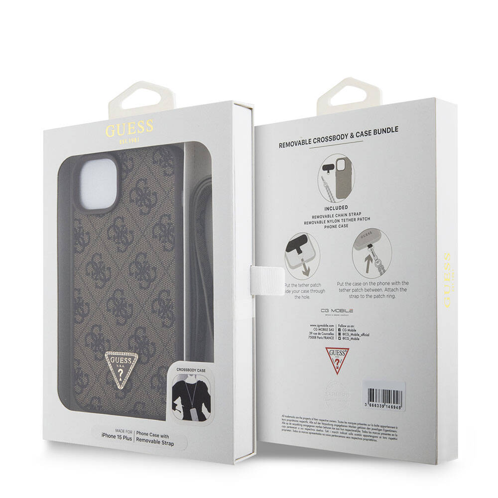 iPhone 15 Plus Kılıf Guess Orjinal Lisanslı PU Deri Askılı Taşlı Üçgen Logo 4G Desenli Strass Crossbody Kapak