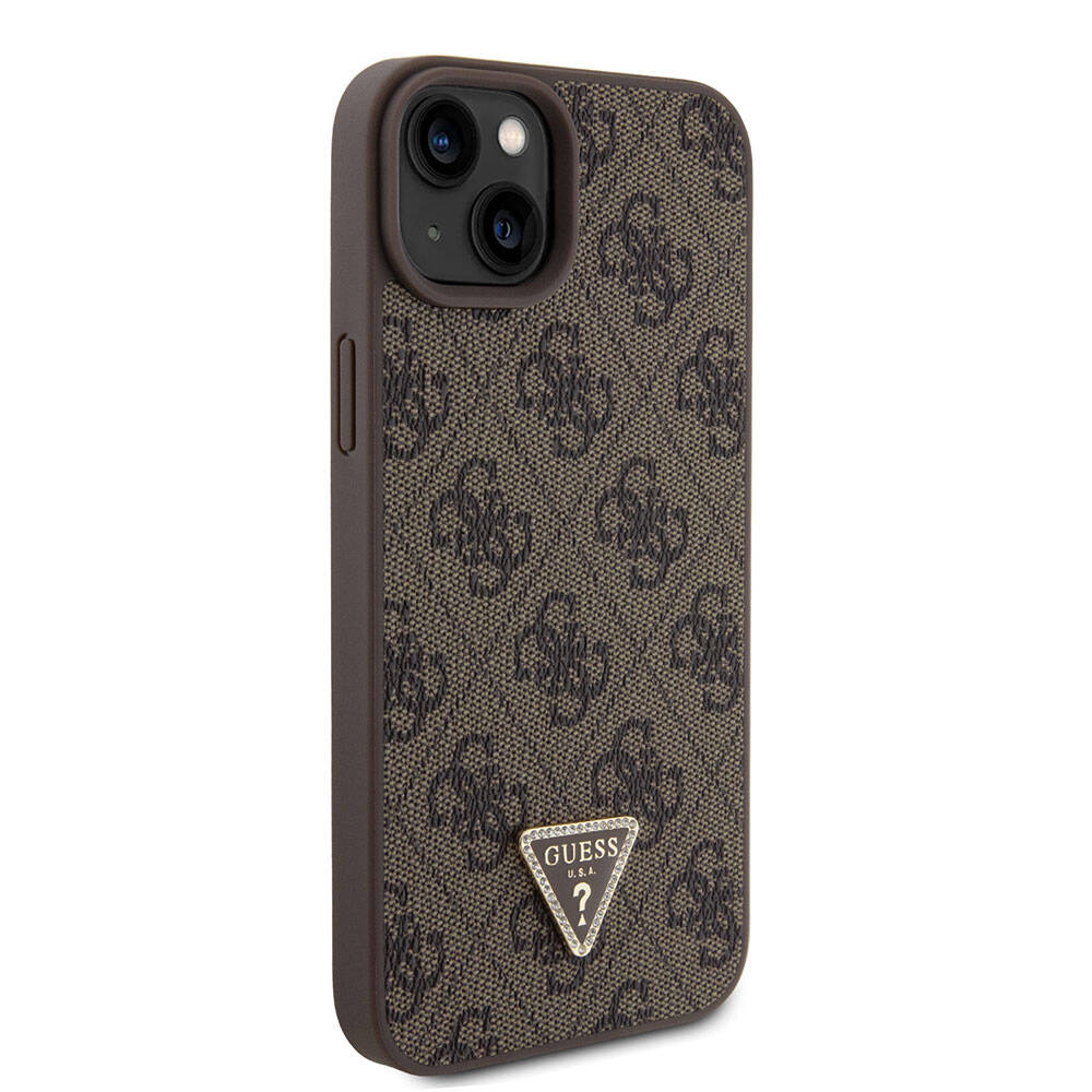 iPhone 15 Plus Kılıf Guess Orjinal Lisanslı PU Deri Askılı Taşlı Üçgen Logo 4G Desenli Strass Crossbody Kapak