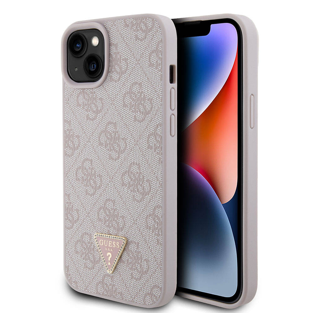 iPhone 15 Plus Kılıf Guess Orjinal Lisanslı PU Deri Taşlı Üçgen Logo 4G Desenli Kapak