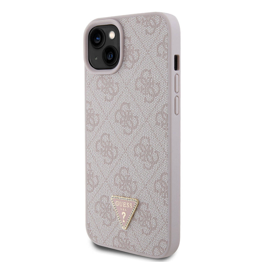 iPhone 15 Plus Kılıf Guess Orjinal Lisanslı PU Deri Taşlı Üçgen Logo 4G Desenli Kapak