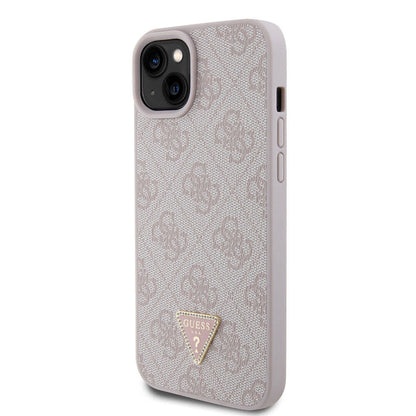 iPhone 15 Plus Kılıf Guess Orjinal Lisanslı PU Deri Taşlı Üçgen Logo 4G Desenli Kapak