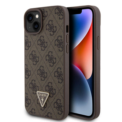 iPhone 15 Plus Kılıf Guess Orjinal Lisanslı PU Deri Taşlı Üçgen Logo 4G Desenli Strass Kapak