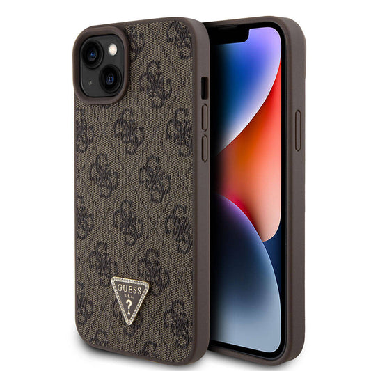 iPhone 15 Plus Kılıf Guess Orjinal Lisanslı PU Deri Taşlı Üçgen Logo 4G Desenli Strass Kapak