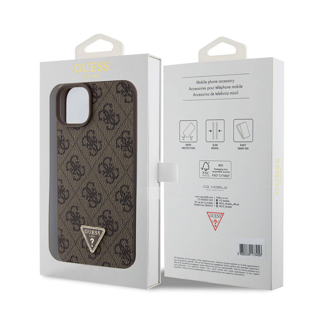 iPhone 15 Plus Kılıf Guess Orjinal Lisanslı PU Deri Taşlı Üçgen Logo 4G Desenli Strass Kapak
