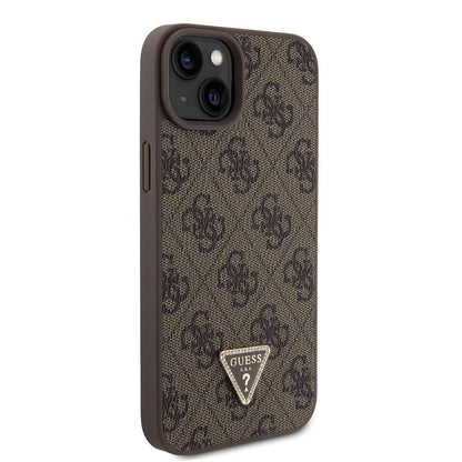 iPhone 15 Plus Kılıf Guess Orjinal Lisanslı PU Deri Taşlı Üçgen Logo 4G Desenli Strass Kapak