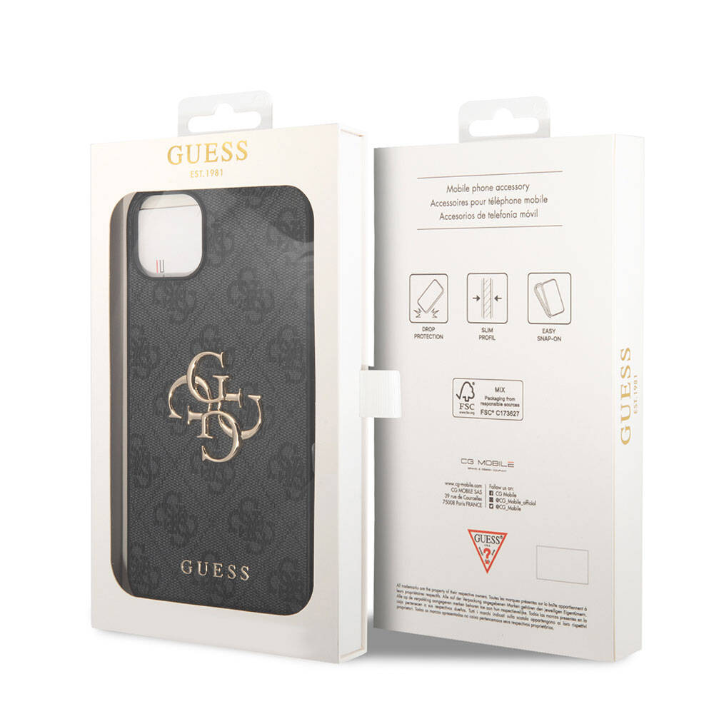 iPhone 15 Plus Kılıf Guess Orjinal Lisanslı PU Deri Yazı ve 4G Metal Logolu Desenli Kapak