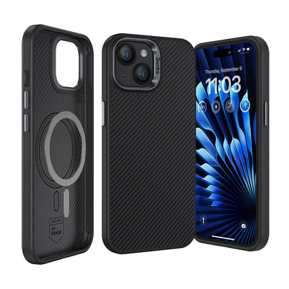 iPhone 15 Plus Kılıf Karbon Fiber M-safe Şarj Özellikli Benks Hybrid ArmorPro 600D Kevlar Kapak