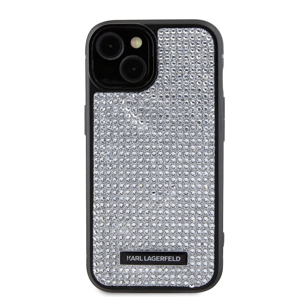 iPhone 15 Plus Kılıf Karl Lagerfeld Taşlı Metal Logo Orjinal Lisanslı Kapak