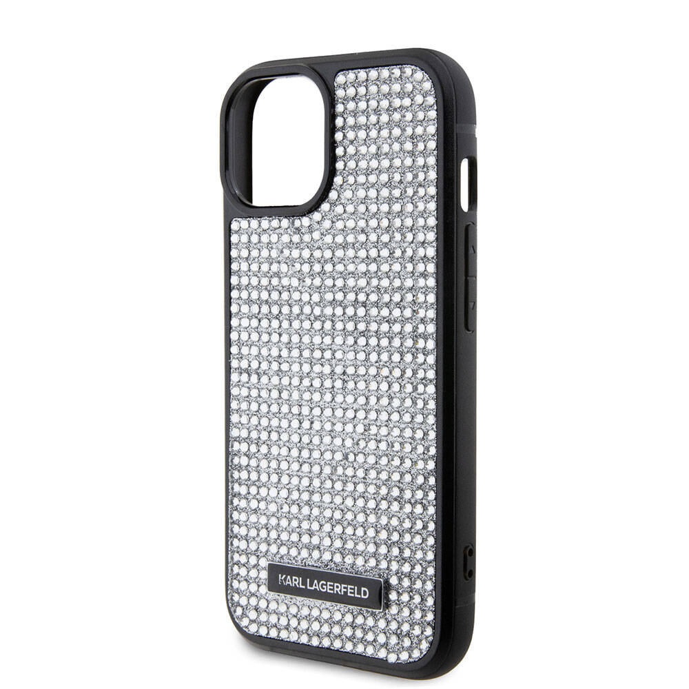 iPhone 15 Plus Kılıf Karl Lagerfeld Taşlı Metal Logo Orjinal Lisanslı Kapak
