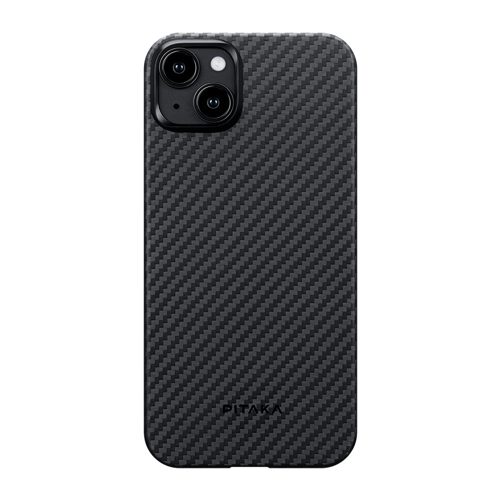 iPhone 15 Plus Kılıf M-safe Şarj Özellikli 1500D Aramid Fiber Pitaka Ultra-Slim Classic Serisi Black-Grey Twill Kapak