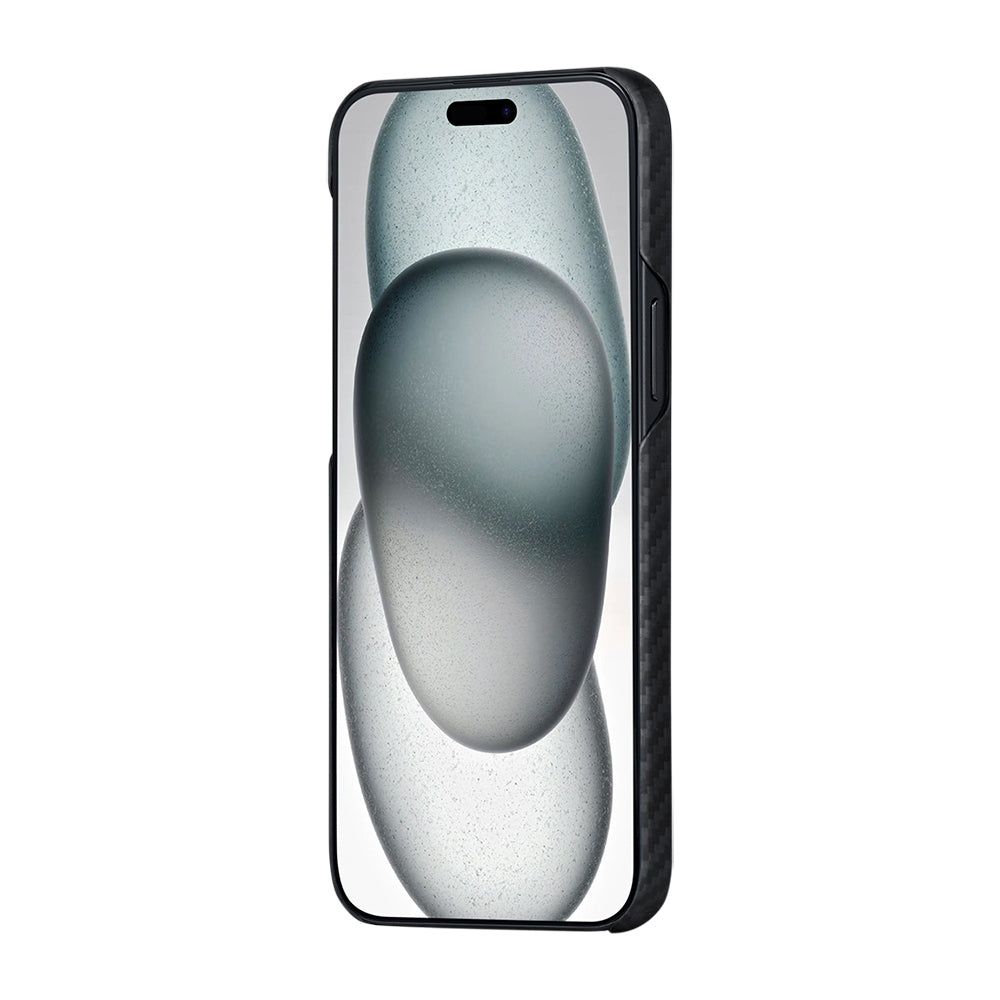 iPhone 15 Plus Kılıf M-safe Şarj Özellikli 1500D Aramid Fiber Pitaka Ultra-Slim Classic Serisi Black-Grey Twill Kapak