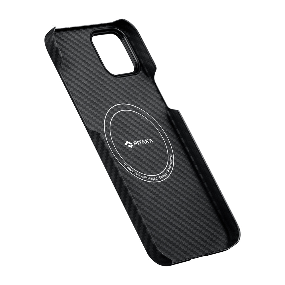 iPhone 15 Plus Kılıf M-safe Şarj Özellikli 1500D Aramid Fiber Pitaka Ultra-Slim Classic Serisi Black-Grey Twill Kapak