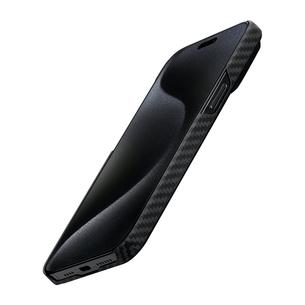 iPhone 15 Plus Kılıf M-safe Şarj Özellikli 1500D Aramid Fiber Pitaka Ultra-Slim Classic Serisi Black-Grey Twill Kapak
