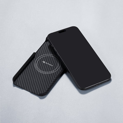 iPhone 15 Plus Kılıf M-safe Şarj Özellikli 1500D Aramid Fiber Pitaka Ultra-Slim Classic Serisi Black-Grey Twill Kapak