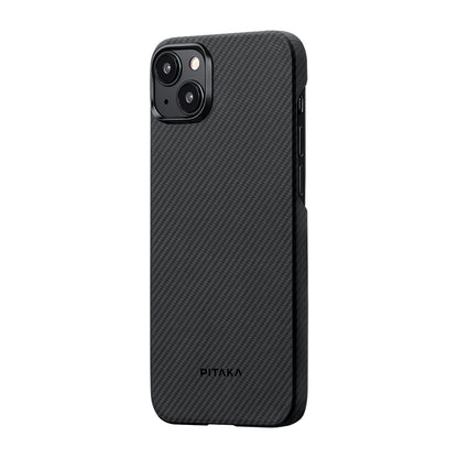iPhone 15 Plus Kılıf M-safe Şarj Özellikli 600D Aramid Fiber Pitaka Ultra-Slim Classic Serisi Black-Grey Twill Kapak