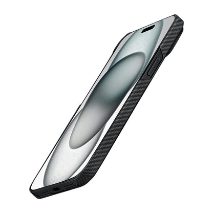 iPhone 15 Plus Kılıf M-safe Şarj Özellikli 600D Aramid Fiber Pitaka Ultra-Slim Classic Serisi Black-Grey Twill Kapak