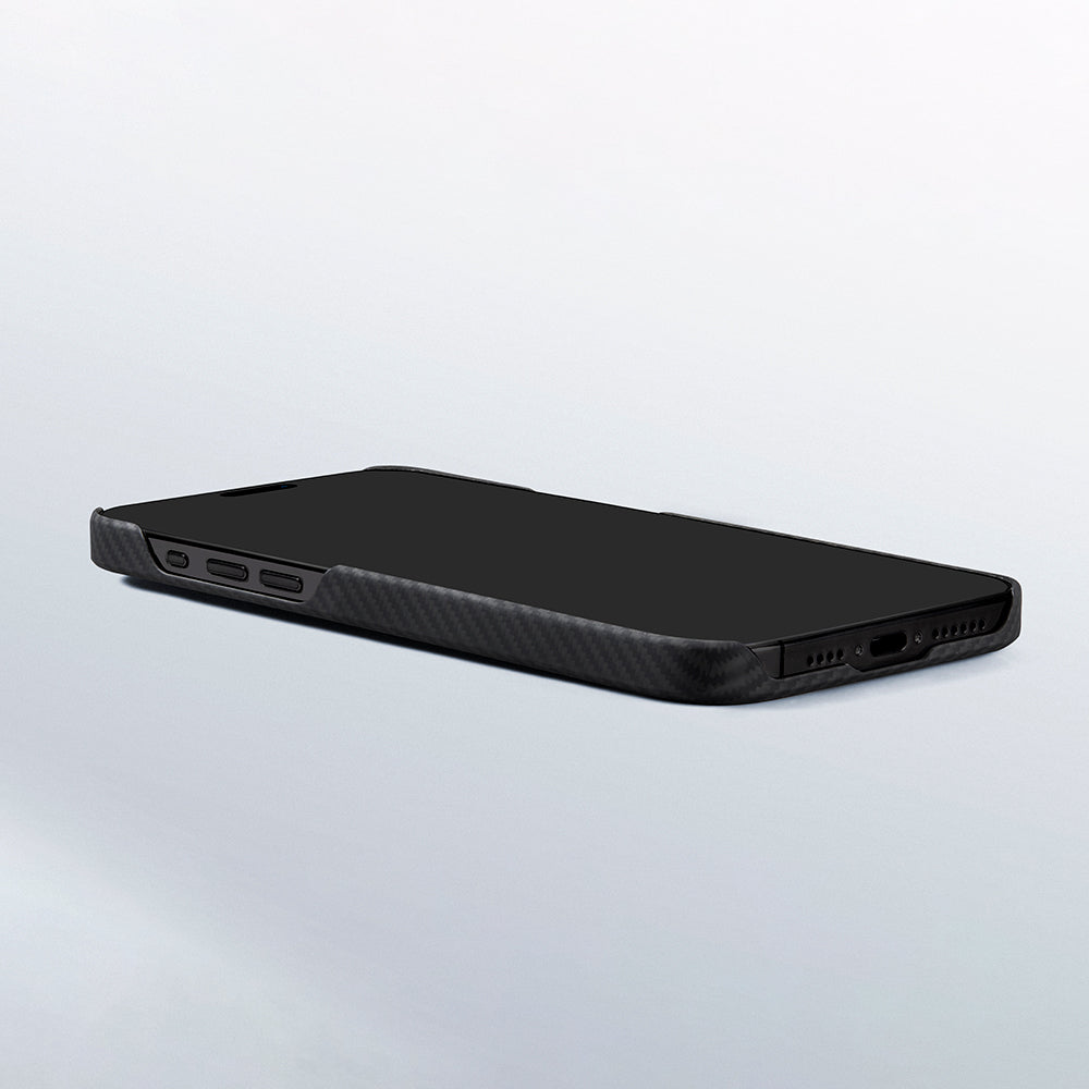 iPhone 15 Plus Kılıf M-safe Şarj Özellikli 600D Aramid Fiber Pitaka Ultra-Slim Classic Serisi Black-Grey Twill Kapak