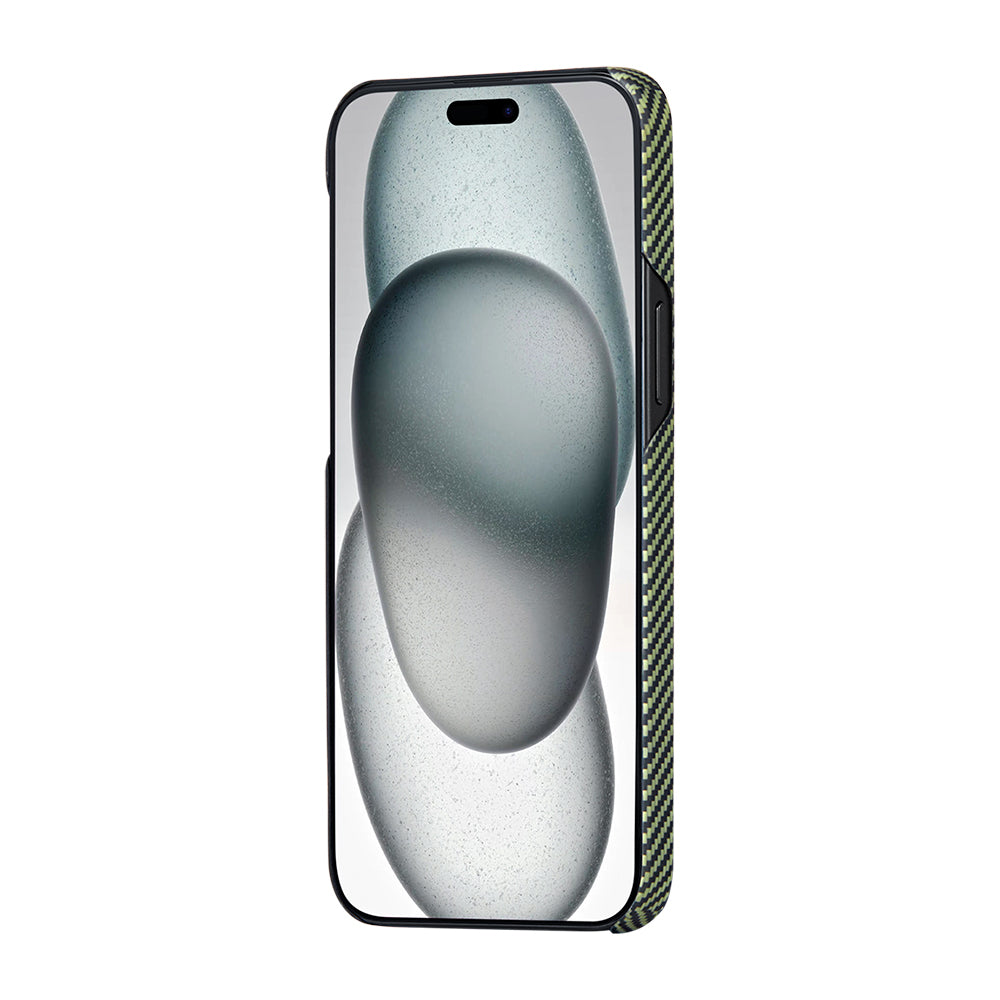 iPhone 15 Plus Kılıf M-safe Şarj Özellikli 600D Aramid Fiber Pitaka Tactile Woven Orchestra Serisi Overture Kapak