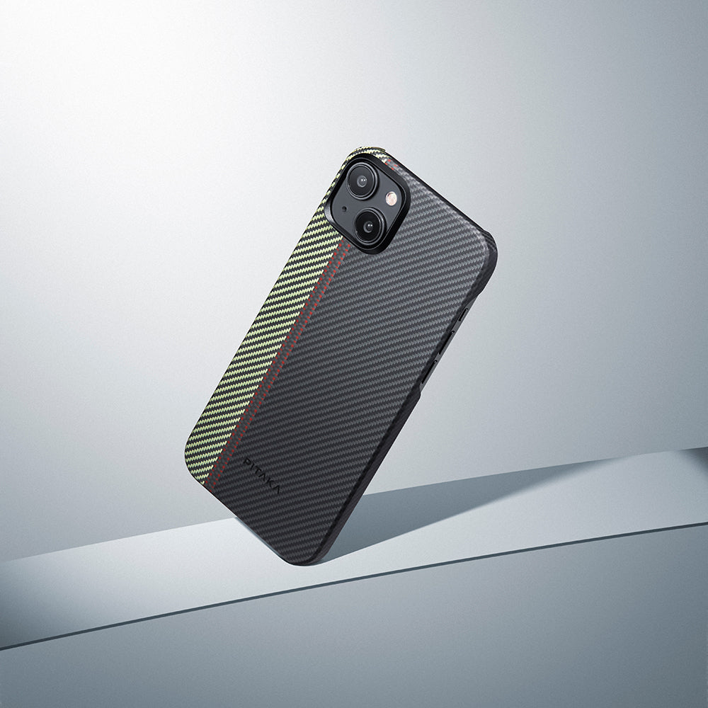 iPhone 15 Plus Kılıf M-safe Şarj Özellikli 600D Aramid Fiber Pitaka Tactile Woven Orchestra Serisi Overture Kapak