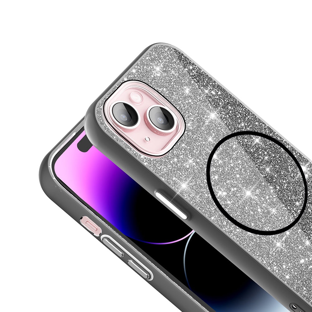 Apple iPhone 15 Plus Kılıf M-safe Şarj Özellikli Parlayan Simli Zore Okso Kapak