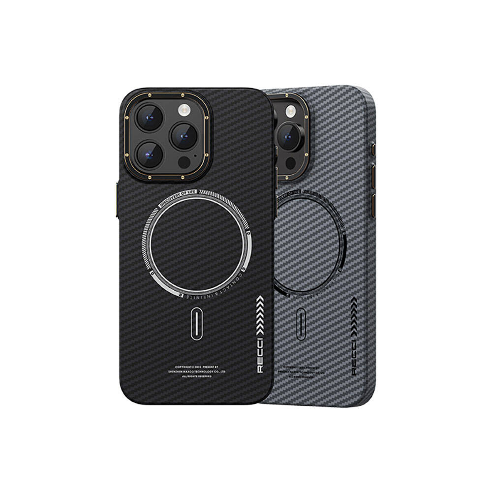 iPhone 15 Plus Kılıf Recci Machinist Serisi M-safe Şarj Özellikli Magnetik Karbon Kapak