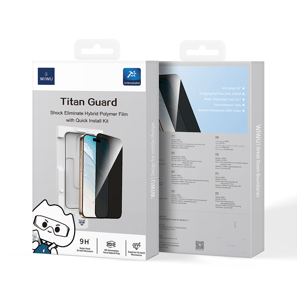 iPhone 15 Plus Wiwu GT-021 Titan Guard Serisi Şok Emici Hibrit Polimer Privacy Ekran Koruyucu Film + Kolay Uygulama Aparatı
