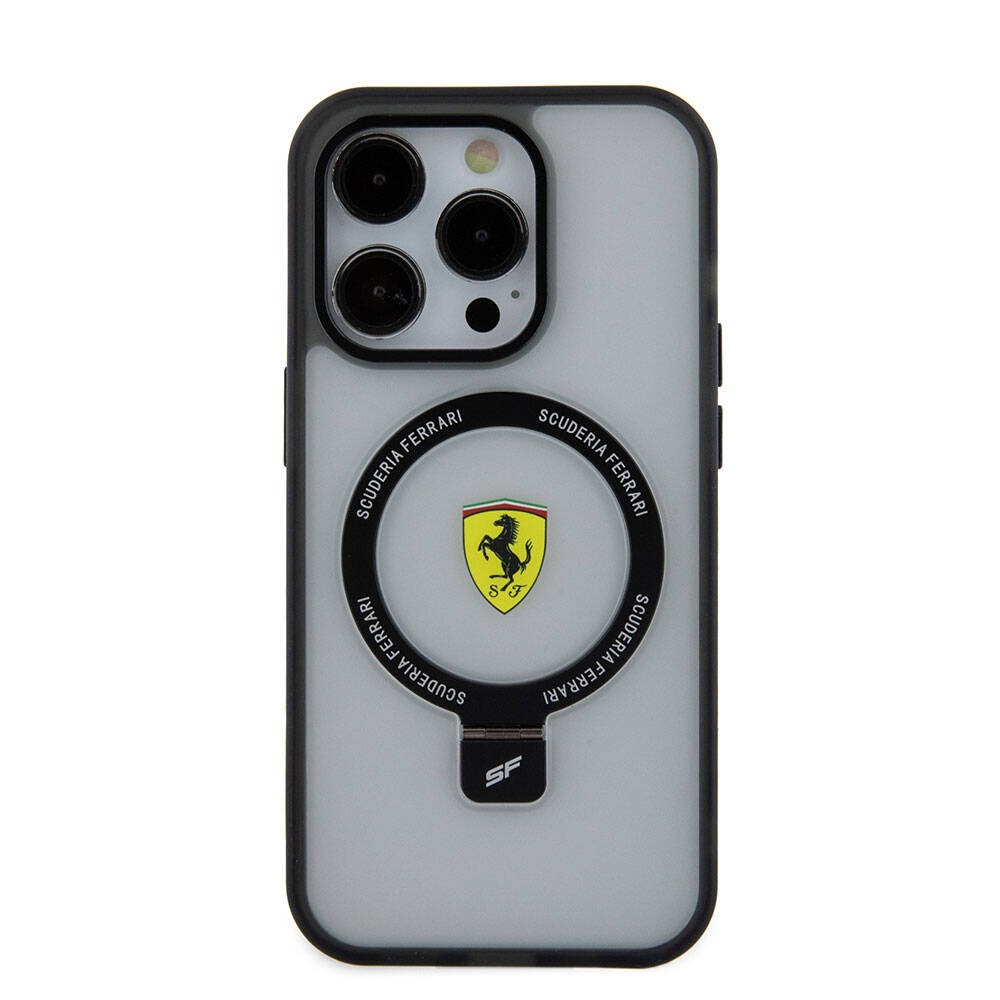 iPhone 15 Pro Kılıf Ferrari M-safe Şarj Özellikli Standlı Buzlu Yüzey Dizayn Kapak