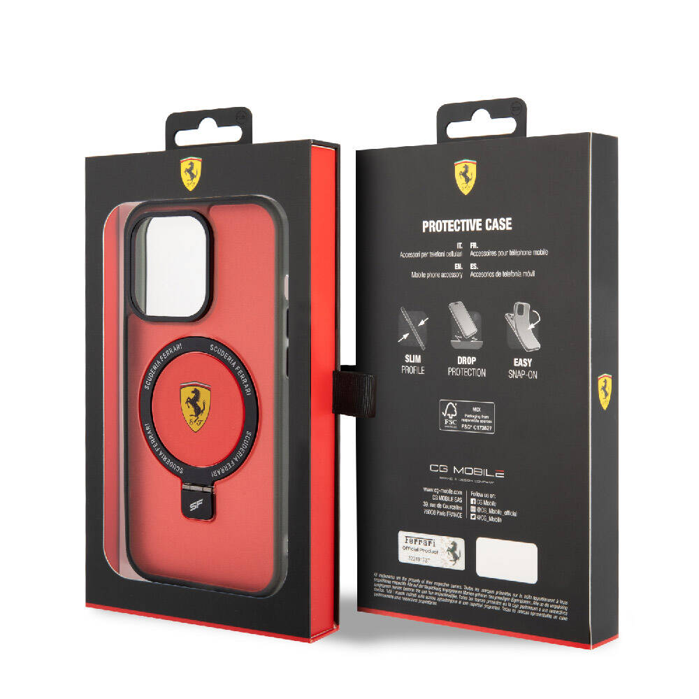 iPhone 15 Pro Kılıf Ferrari M-safe Şarj Özellikli Standlı Buzlu Yüzey Dizayn Kapak