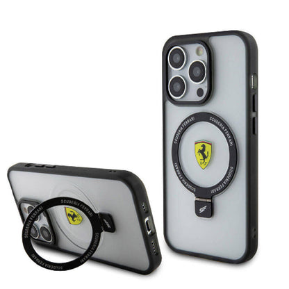 iPhone 15 Pro Kılıf Ferrari M-safe Şarj Özellikli Standlı Buzlu Yüzey Dizayn Kapak