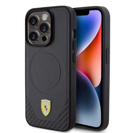iPhone 15 Pro Kılıf Ferrari Orjinal Lisanslı M-safe Şarj Özellikli Metal Logolu PU Karbon Kapak