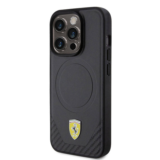 iPhone 15 Pro Kılıf Ferrari Orjinal Lisanslı M-safe Şarj Özellikli Metal Logolu PU Karbon Kapak