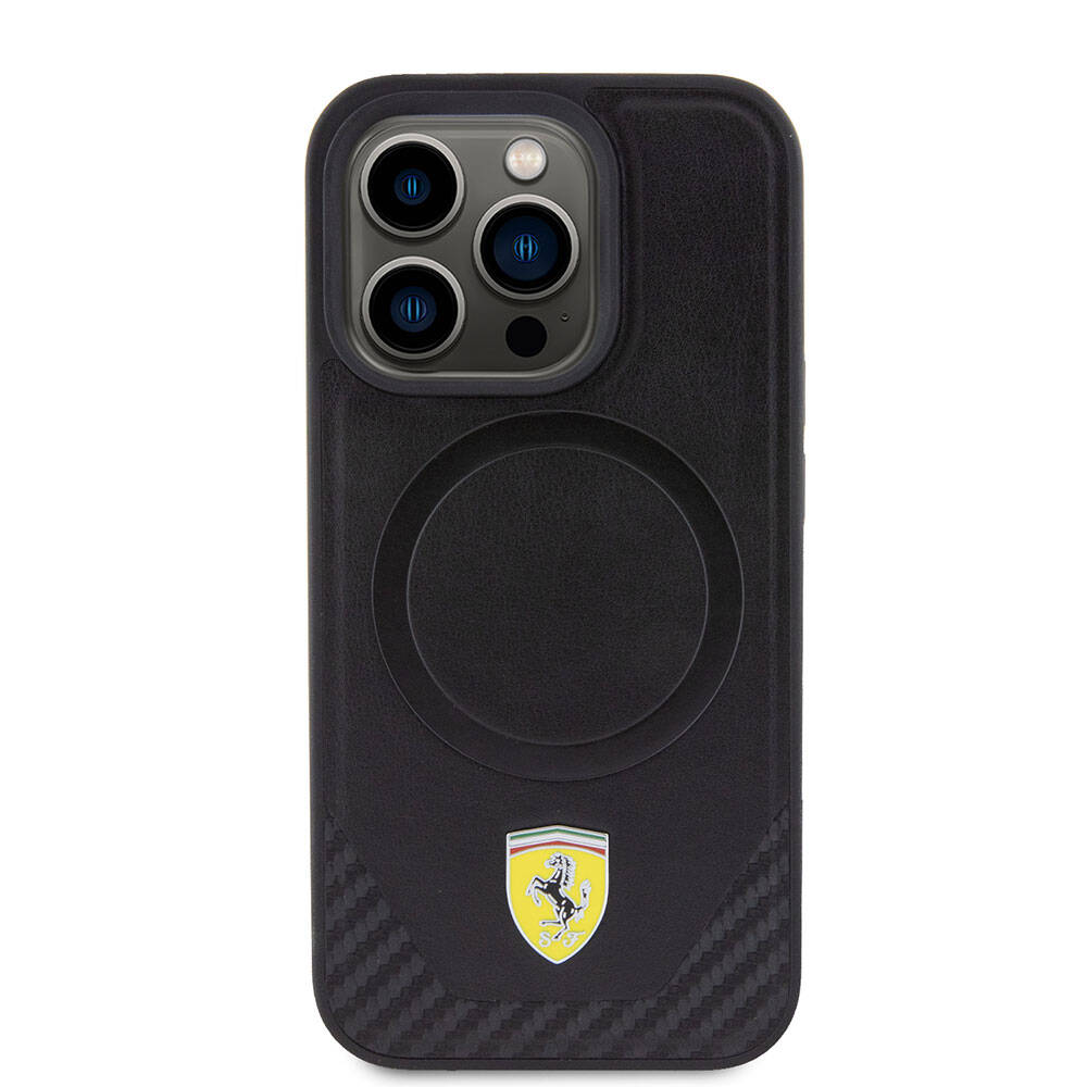 iPhone 15 Pro Kılıf Ferrari Orjinal Lisanslı M-safe Şarj Özellikli Metal Logolu PU Karbon Kapak