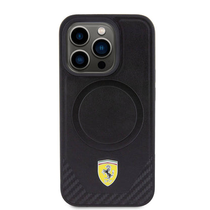 iPhone 15 Pro Kılıf Ferrari Orjinal Lisanslı M-safe Şarj Özellikli Metal Logolu PU Karbon Kapak