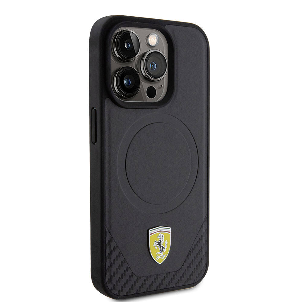 iPhone 15 Pro Kılıf Ferrari Orjinal Lisanslı M-safe Şarj Özellikli Metal Logolu PU Karbon Kapak