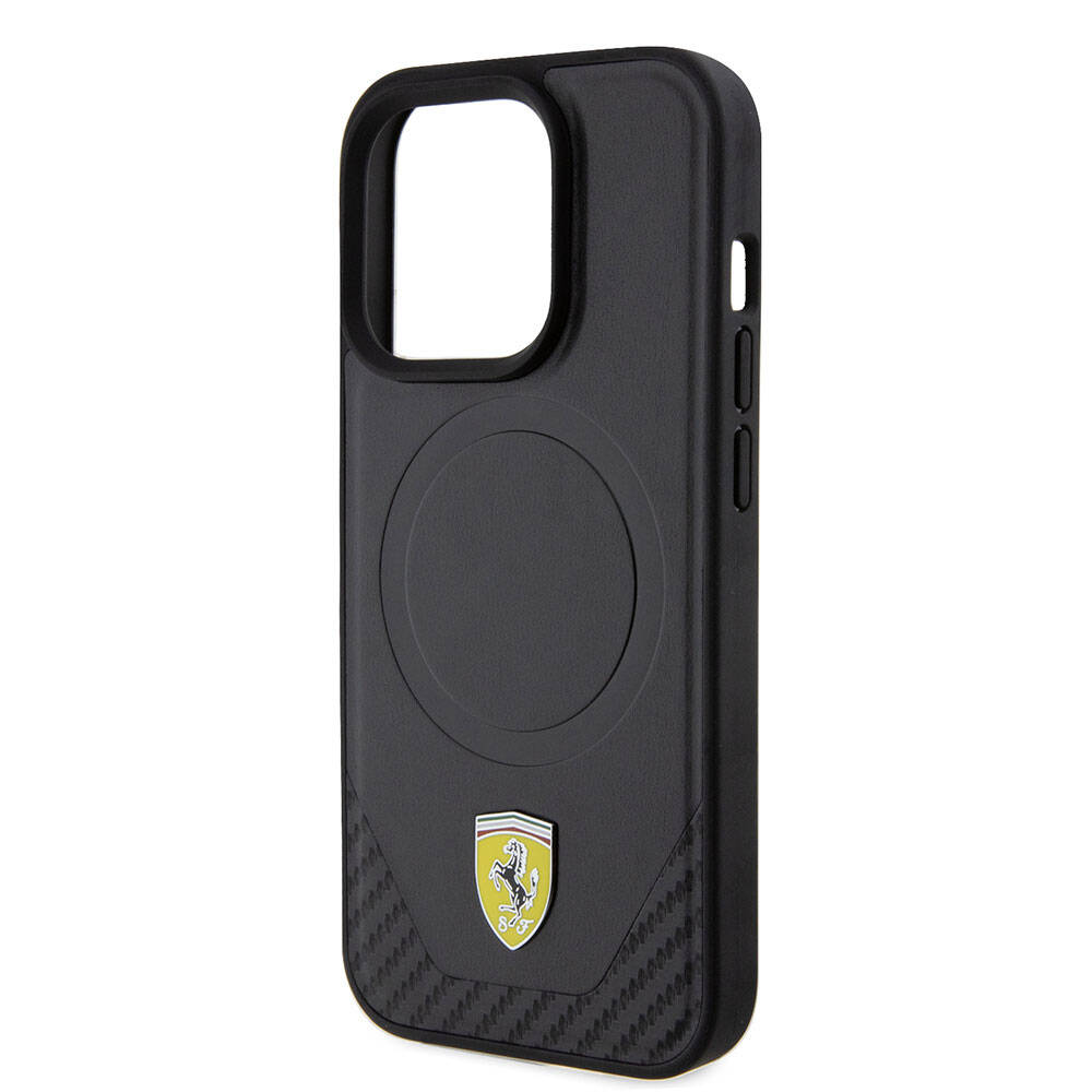 iPhone 15 Pro Kılıf Ferrari Orjinal Lisanslı M-safe Şarj Özellikli Metal Logolu PU Karbon Kapak