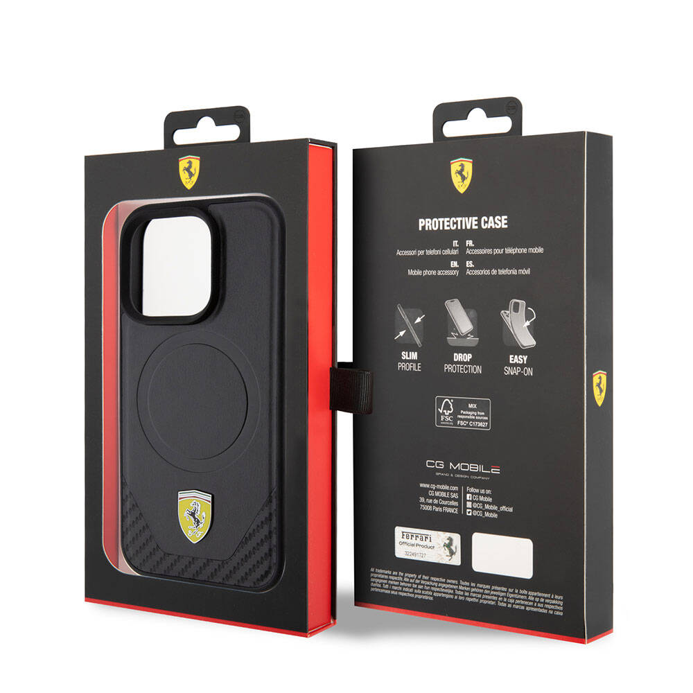 iPhone 15 Pro Kılıf Ferrari Orjinal Lisanslı M-safe Şarj Özellikli Metal Logolu PU Karbon Kapak
