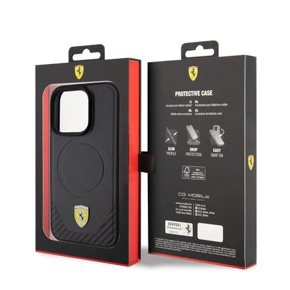iPhone 15 Pro Kılıf Ferrari Orjinal Lisanslı M-safe Şarj Özellikli Metal Logolu PU Karbon Kapak