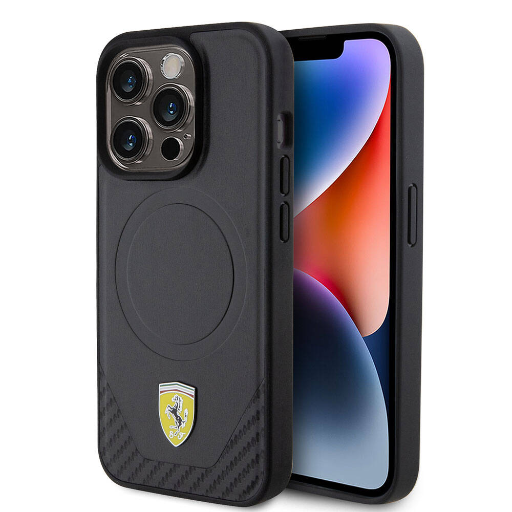 iPhone 15 Pro Kılıf Ferrari Orjinal Lisanslı M-safe Şarj Özellikli Metal Logolu PU Karbon Kapak