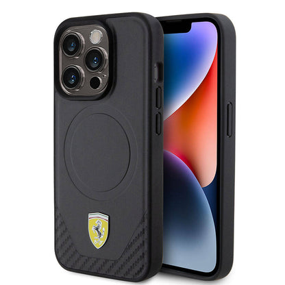 iPhone 15 Pro Kılıf Ferrari Orjinal Lisanslı M-safe Şarj Özellikli Metal Logolu PU Karbon Kapak