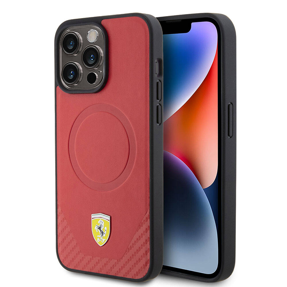 iPhone 15 Pro Kılıf Ferrari Orjinal Lisanslı M-safe Şarj Özellikli Metal Logolu PU Karbon Kapak
