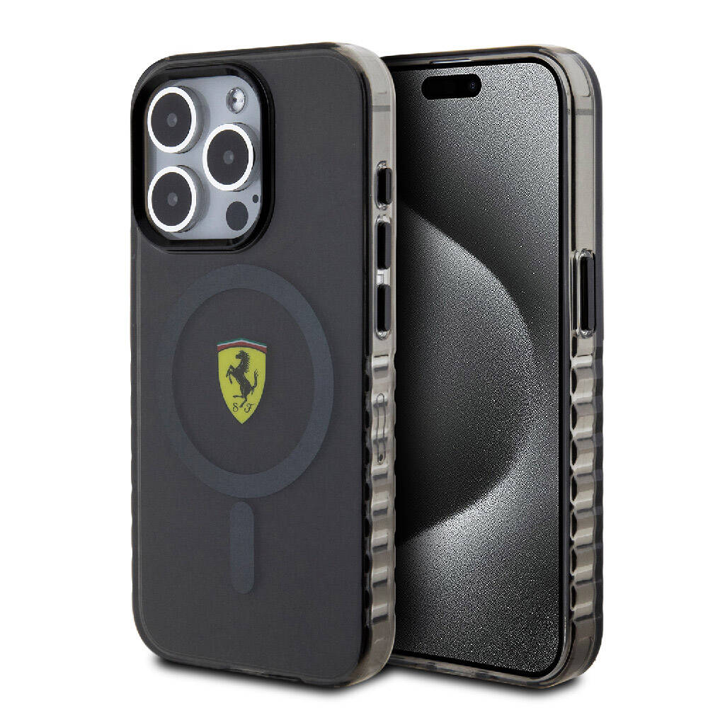 iPhone 15 Pro Kılıf Ferrari Orjinal Lisanslı M-safe Şarj Özellikli Tırtıklı Kenar Tasarımlı Ortalanmış Logo Kapak