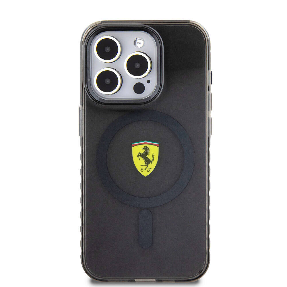 iPhone 15 Pro Kılıf Ferrari Orjinal Lisanslı M-safe Şarj Özellikli Tırtıklı Kenar Tasarımlı Ortalanmış Logo Kapak