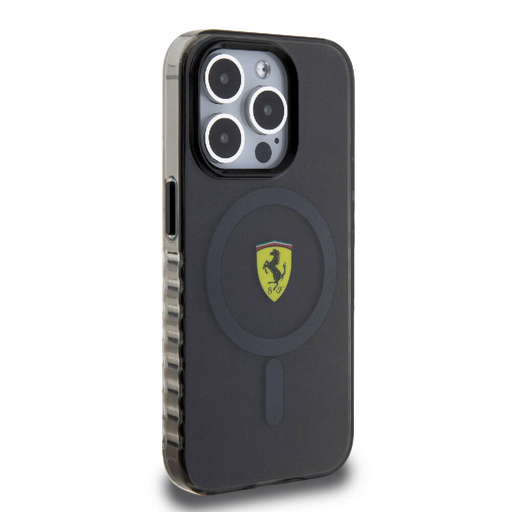 iPhone 15 Pro Kılıf Ferrari Orjinal Lisanslı M-safe Şarj Özellikli Tırtıklı Kenar Tasarımlı Ortalanmış Logo Kapak